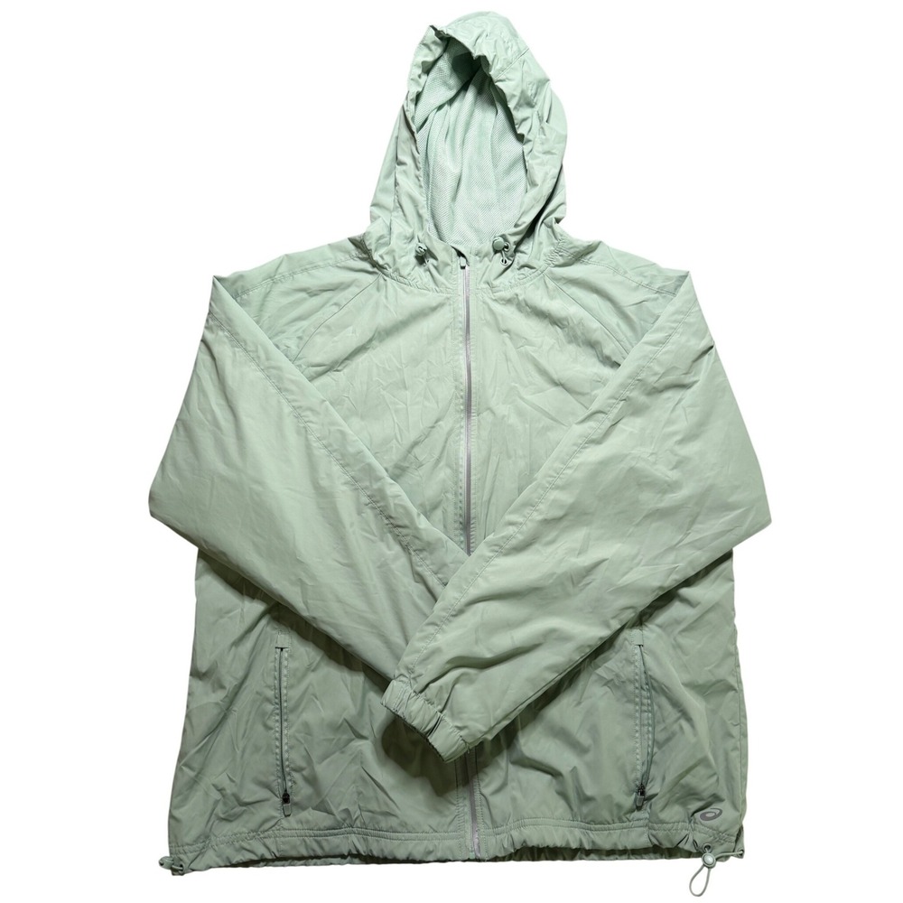 ASICS Womens XL Mint Green Hooded Windbreaker Full Zip Mesh Lined Running Jacket